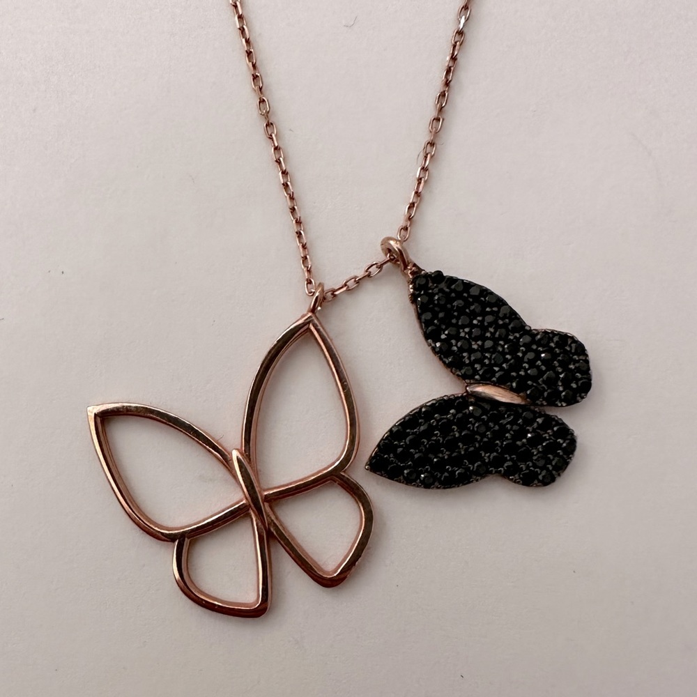 925 Silver butterfly necklace black cz 14k rose gold plated